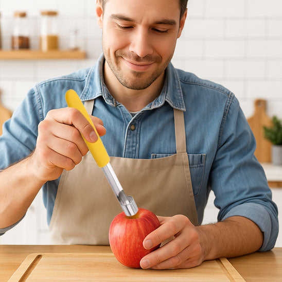 vide-pomme-personne-qui-enleve-le-noyau-d-une-pomme-sur-un-comptoir