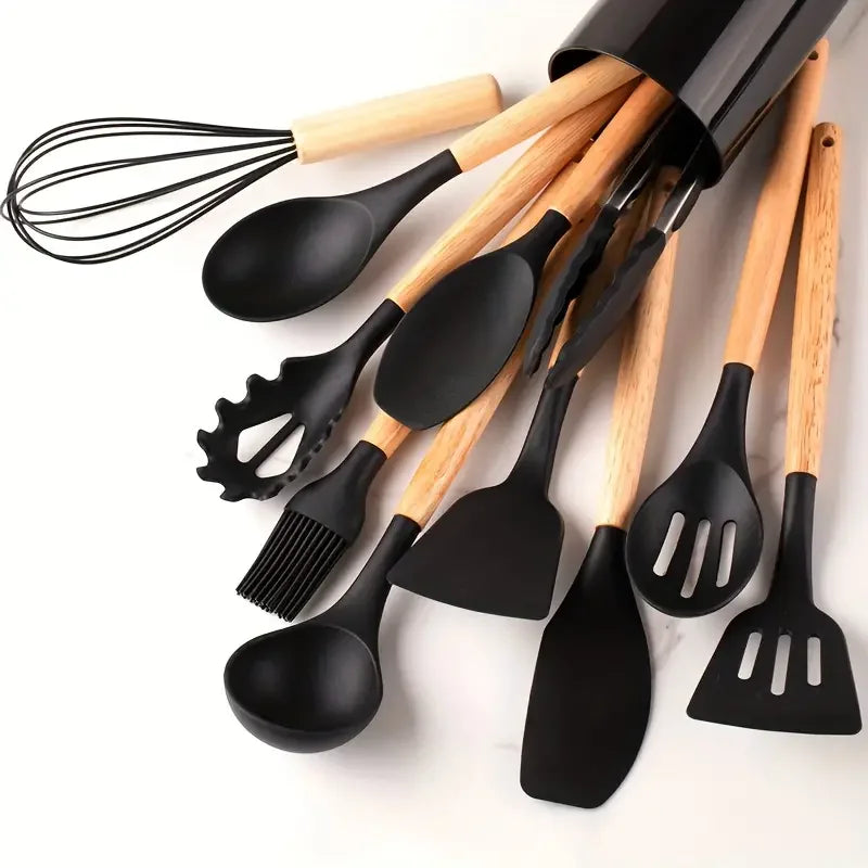 Kit-ustensiles-de-cuisine-en-silicone-vintage-noir